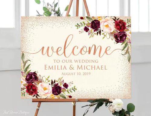Minimalist wedding welcome sign with clean fonts on a neutral background
