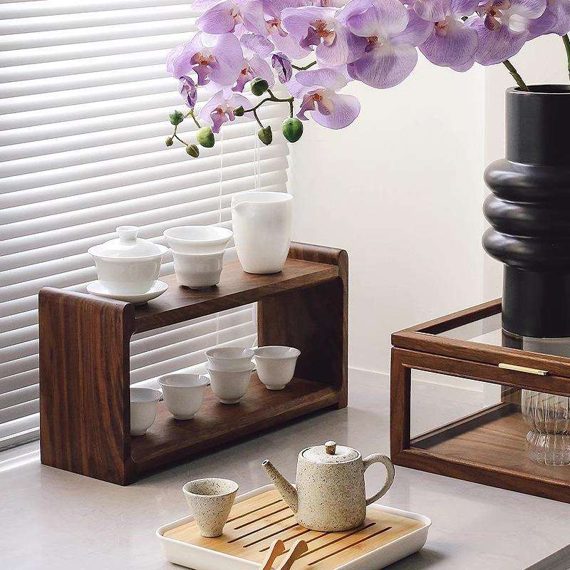 Desktop solid wood storage rack black walnut designer tea set cup rack retro coffee cup storage rack storage