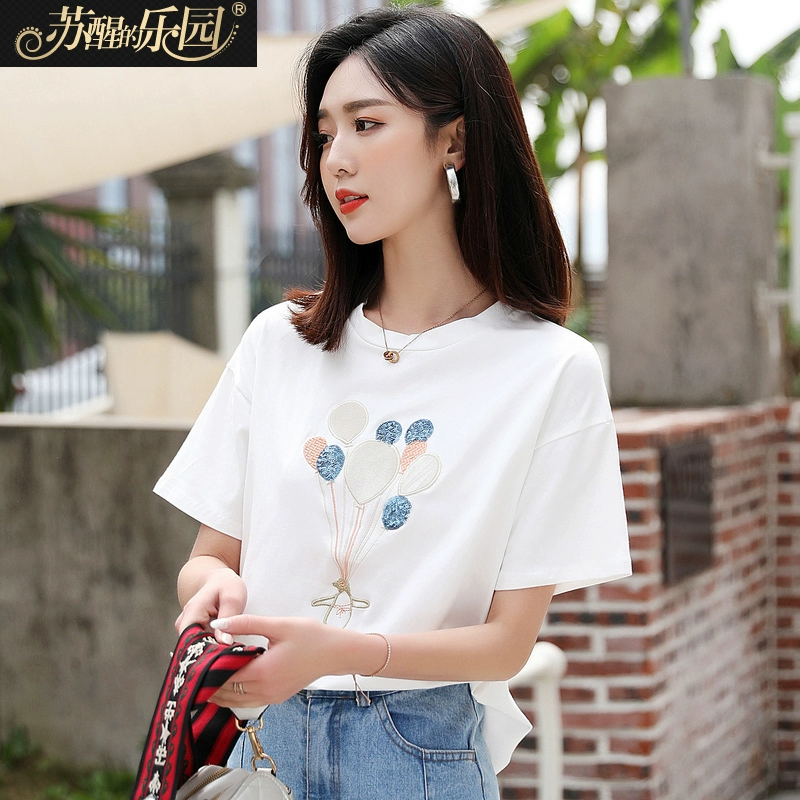 Áo thun nữ ngắn tay thêu cotton tinh khiết 2021 mới lưới màu đỏ thủy triều siêu lửa trắng của phụ nữ Hàn Quốc lỏng lẻo trên - Áo phông