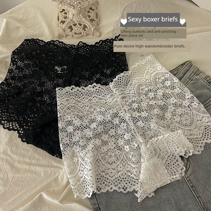 Pure Desire Hollow High-Waisted Lace Boxer Briefs Anti-Exposure Leggings Women's Black Peach Butt Boxer Shorts Pure Desire Hollow High-Waisted Lace Boxer Briefs Anti-Exposure Leggings Women's Black Peach Butt Boxer Shorts