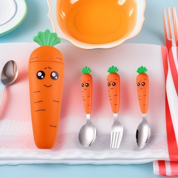 Children's tableware three-piece set 304 stainless steel cartoon radish fruit scraping spoon baby fork spoon gift box suit
