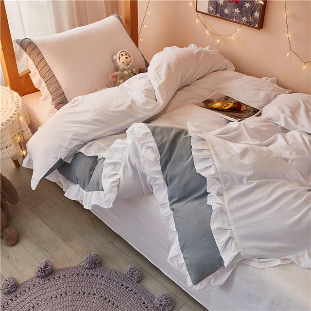 Student dormitory solid color simple washing cotton bedding three-four pieces set bed sheets and bed fittings style lotus leaf lace quilt cover