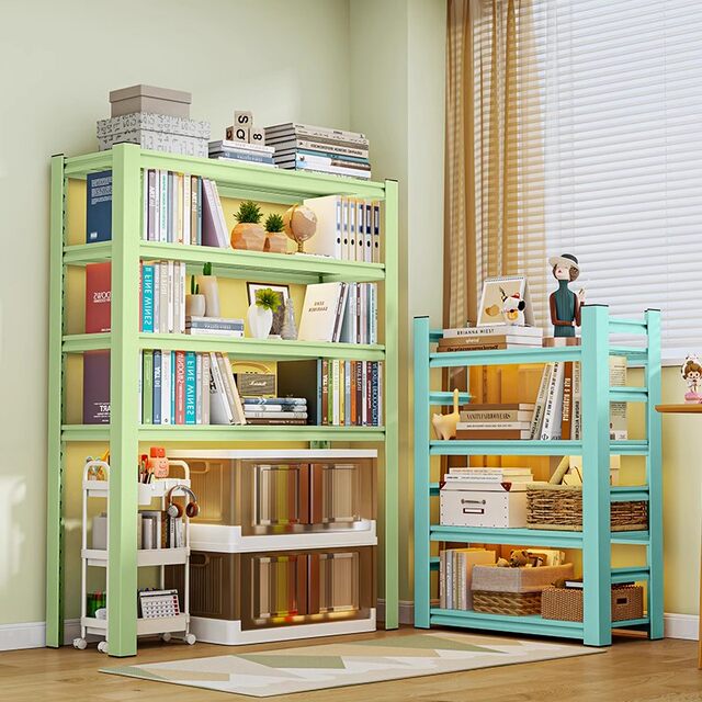 Wrought iron bookshelf household simple floor-standing storage rack color living room storage rack library steel children's bookcase