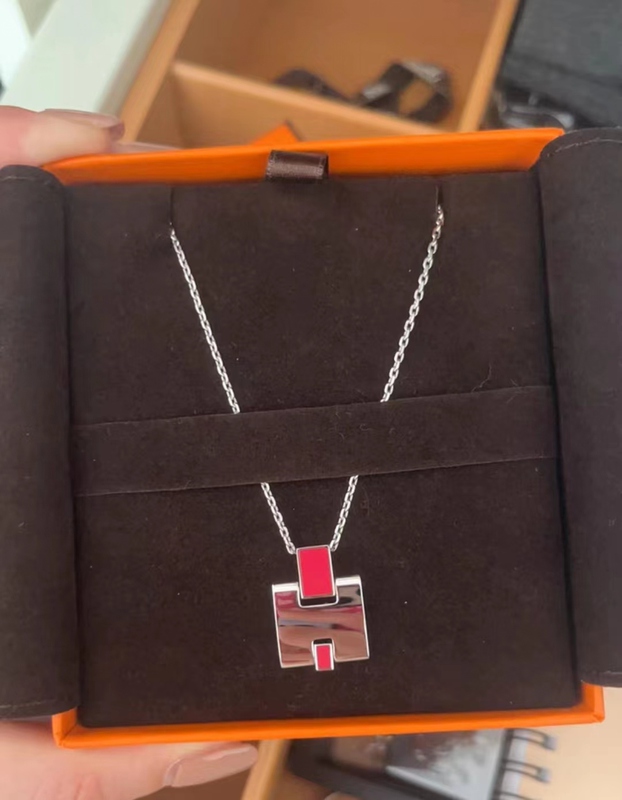 [98% New] Hermes/Eileen Classic H Scarlet Enamel Silver Chain Women's Necklace