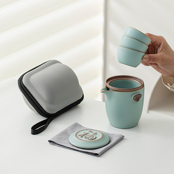 Logo hand portable tea making tea set guest azure porcelain business cup three cups ru suit pot travel one pot companion