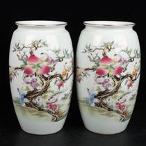 k精品瓷器粉彩九子攀桃图纹花瓶一对客厅玄关店铺工艺品C3485