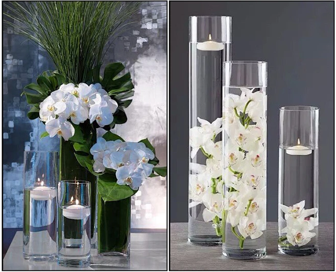 Minimalist floral arrangement with a single branch and a few blooms in a simple vase on a wedding table
