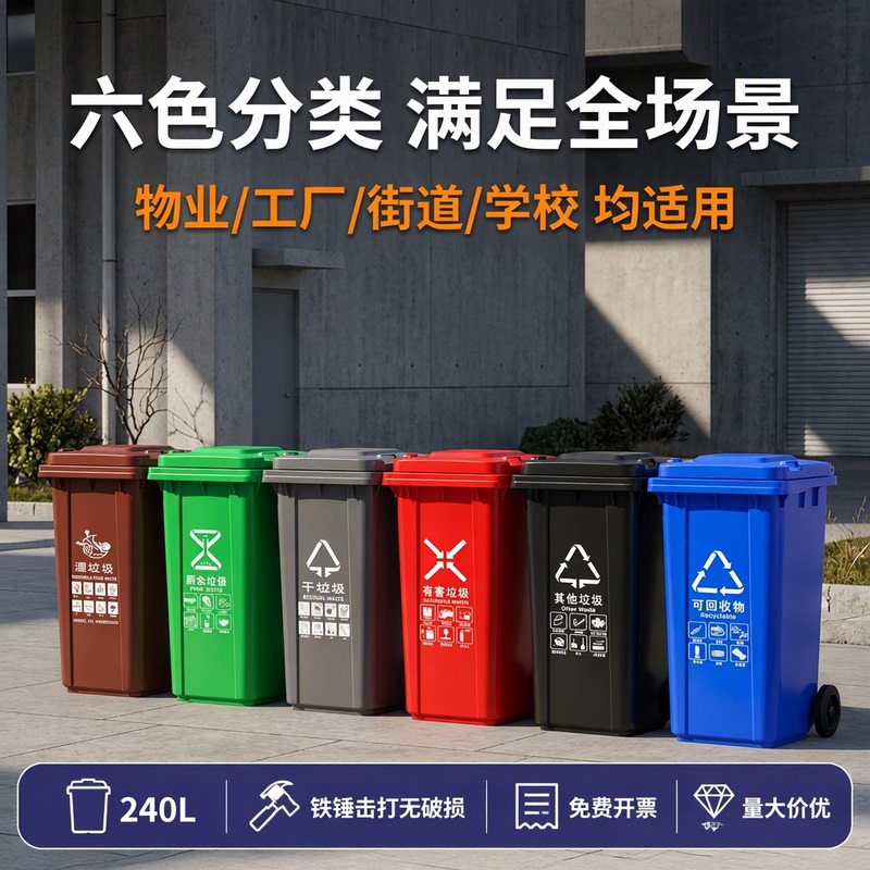 240L Hdpe Virgin Material Classified Garbage Bin for Property Management, Wheeled, with Lid, Dry and Wet Separation, National Standard Logo, for Kitchen Waste
