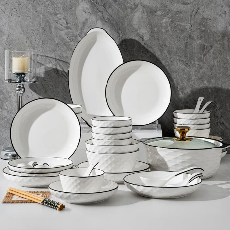 Simple Rose Diamond Ceramic Tableware Set Bowls Plates Spoons Chopsticks Underglaze Color Bowl and Plate Set Gift Simple Rose Diamond Ceramic Tableware Set Bowls Plates Spoons Chopsticks Underglaze Color Bowl and Plate Set Gift