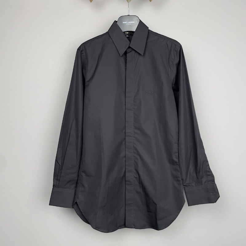 99% New and Unused Fendi Black Pure Cotton Long-Sleeve Shirt with Embroidered Logo on the Chest, Men's Luxury Clothing