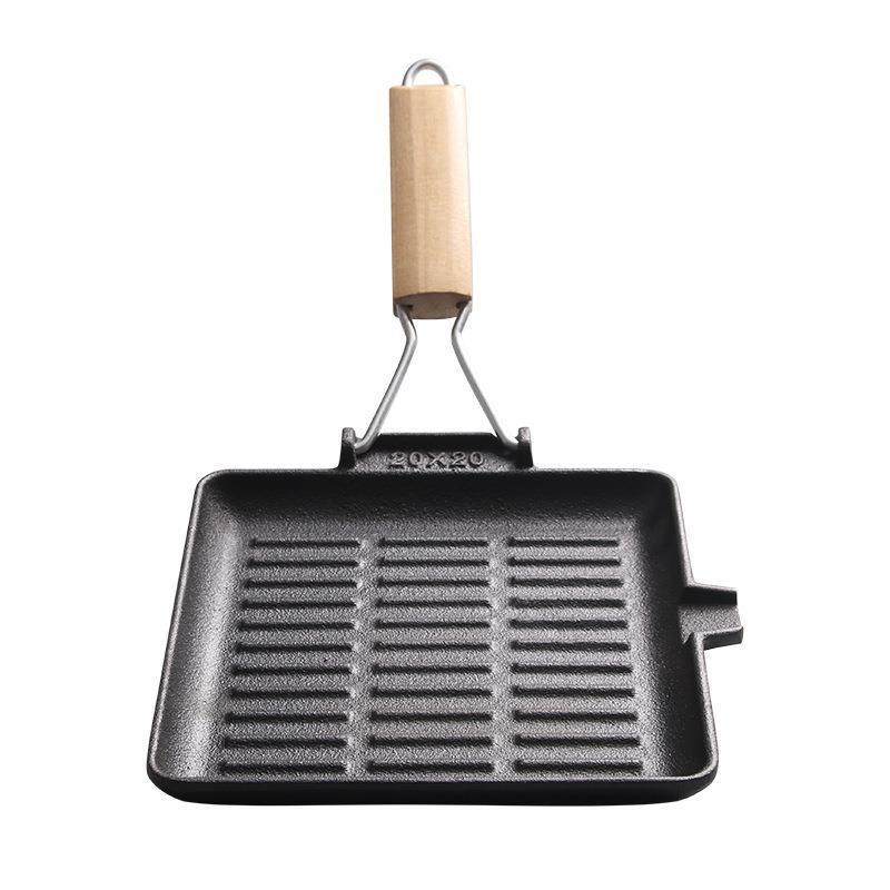 Cast Iron Steak Frying Pan with Foldable Handle, Flat Bottom, Thickened Barbecue Frying Pan for Home Use, Striped Grill Pan for Frying Meat