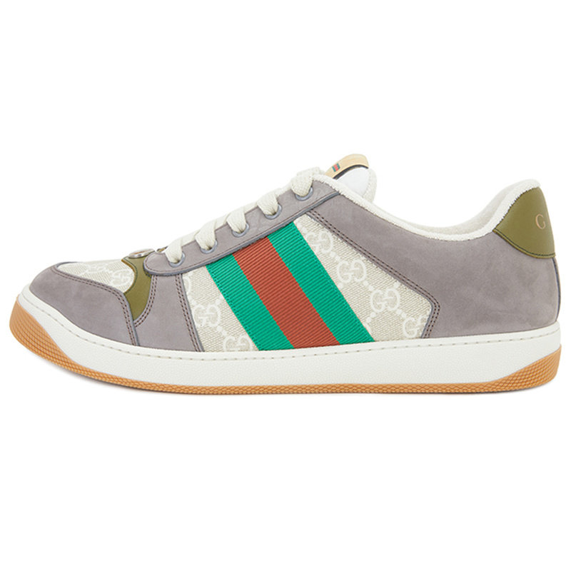 GUCCI 古驰 双G印花红绿织带时尚板鞋 灰色