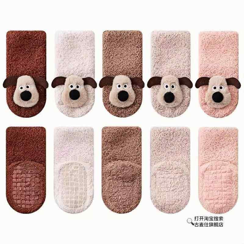 Autumn and Winter Medium-Thick Fleece-Lined Baby Socks Mid-Calf Newborn Infant Cute Puppy Half-Fleece Floor Socks