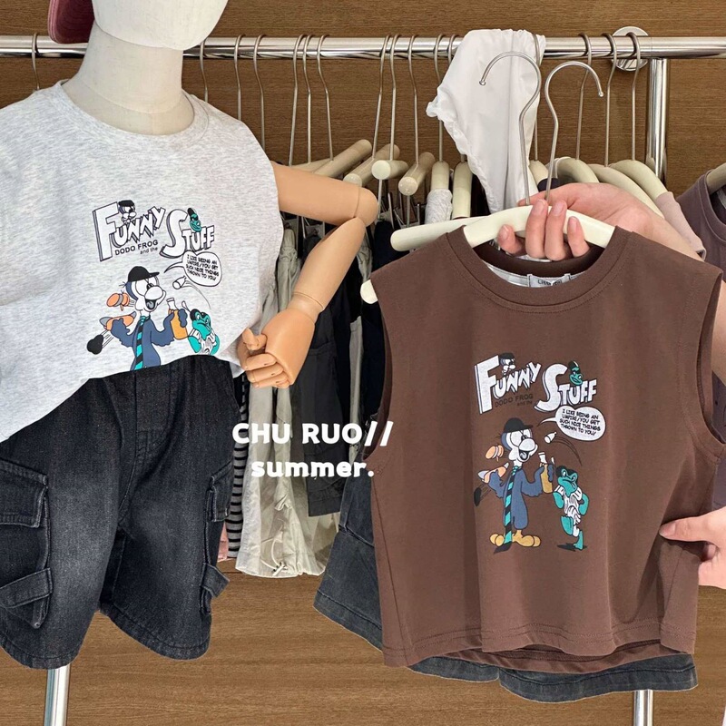 Children's Summer Stylish Boys' Pure Cotton Sleeveless Loose Versatile Cartoon Pattern Casual T-Shirt Vest for Young Kids