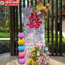 New Chinese style dopamine blue and white porcelain wedding engagement banquet welcome sign indicating wedding room decoration background KT board simulated flower