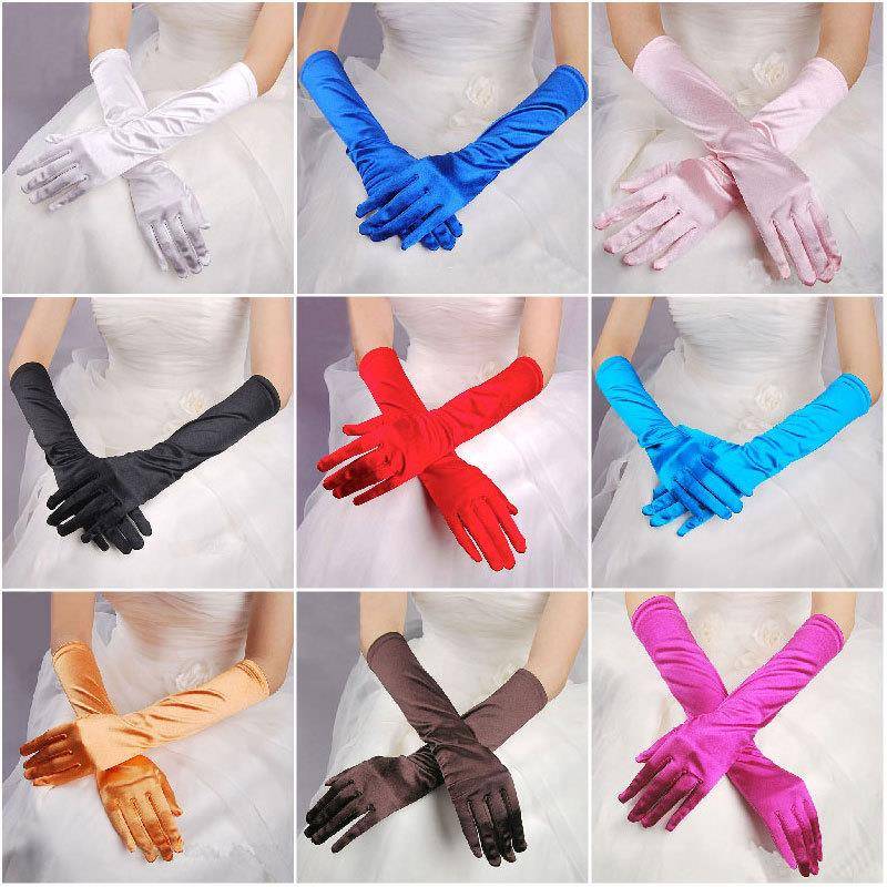 Black Stretch Satin Multi-Color Gloves with Covered Fingers, Evening Gloves, Bridal Wedding Dress Gloves, Wedding Party Long Gloves