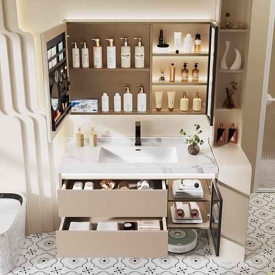 法式浴室柜岩板陶瓷无缝一体盆洗手台t卫生间洗脸手盆柜组合洗漱