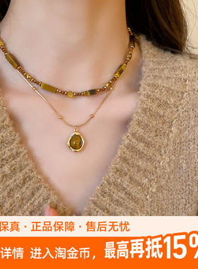kaitin jewelry虎眼石款双层叠戴毛衣链女款咖色项链配饰