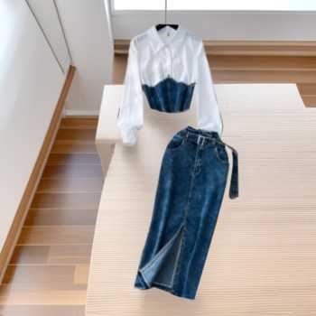 Fashion Goddess Style Fashion Splicing Fake Two-Piece Long-Sleeved Shirt Women's Belt Waist Denim Skirt Two-Piece Suit