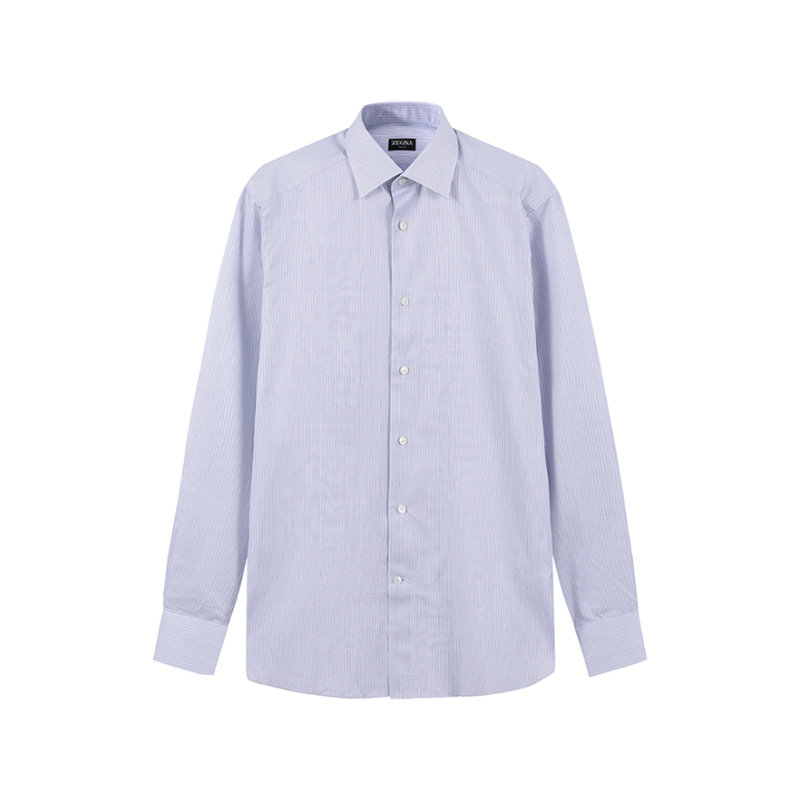Zegna SS24 条纹尖领单排扣长袖衬衫 男款 白底蓝色