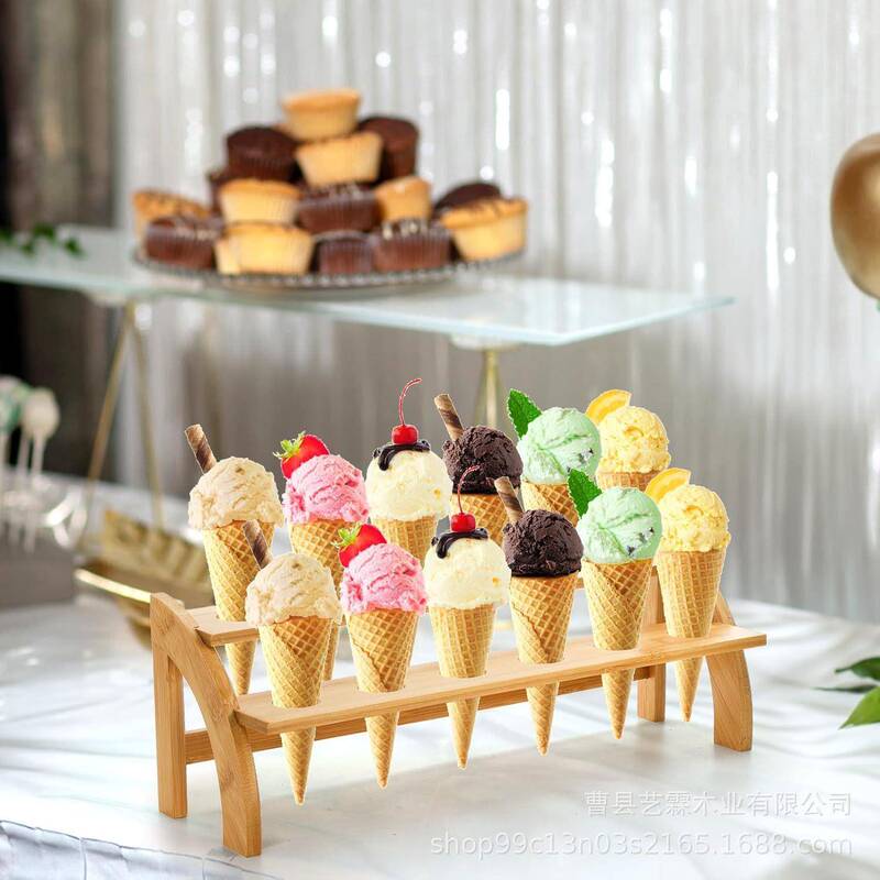 Bamboo Ice Cream Cone Stand, Two-Tier Waffle Cone Display Stand, Party Hand-Rolled Sushi Popcorn Wooden Stand