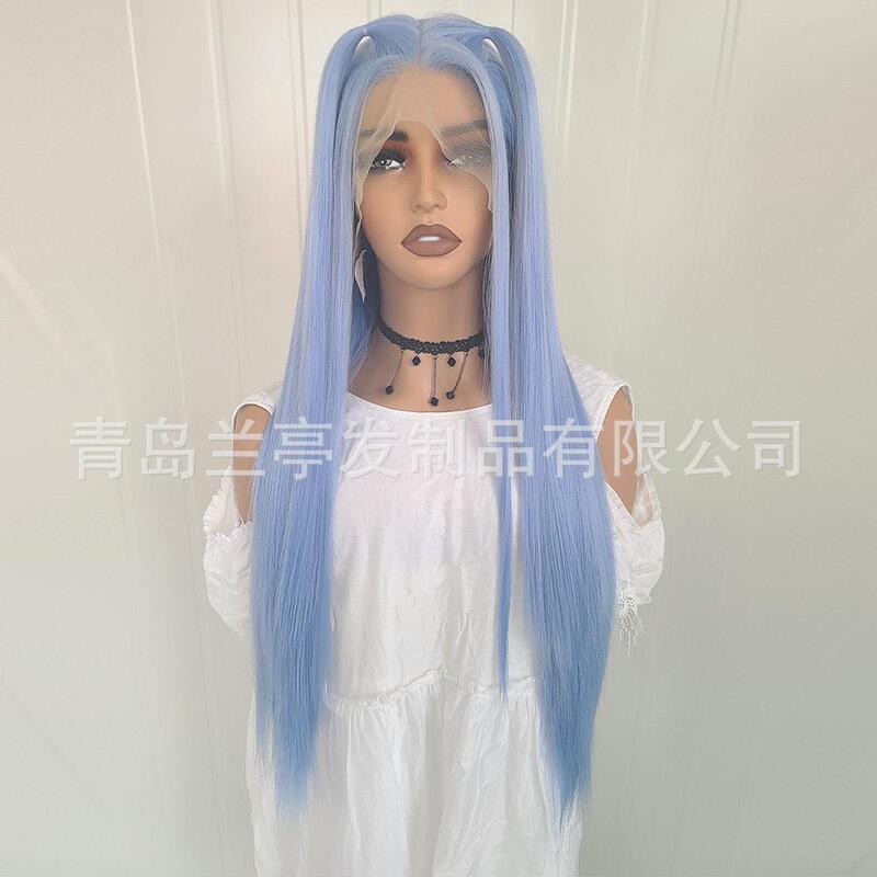 New Direct-Selling Wigs, Hats, European and American Style Wigs, New Mixed Fiber Hand-Woven Front Lace Wigs, Light Blue Long Straight Hair