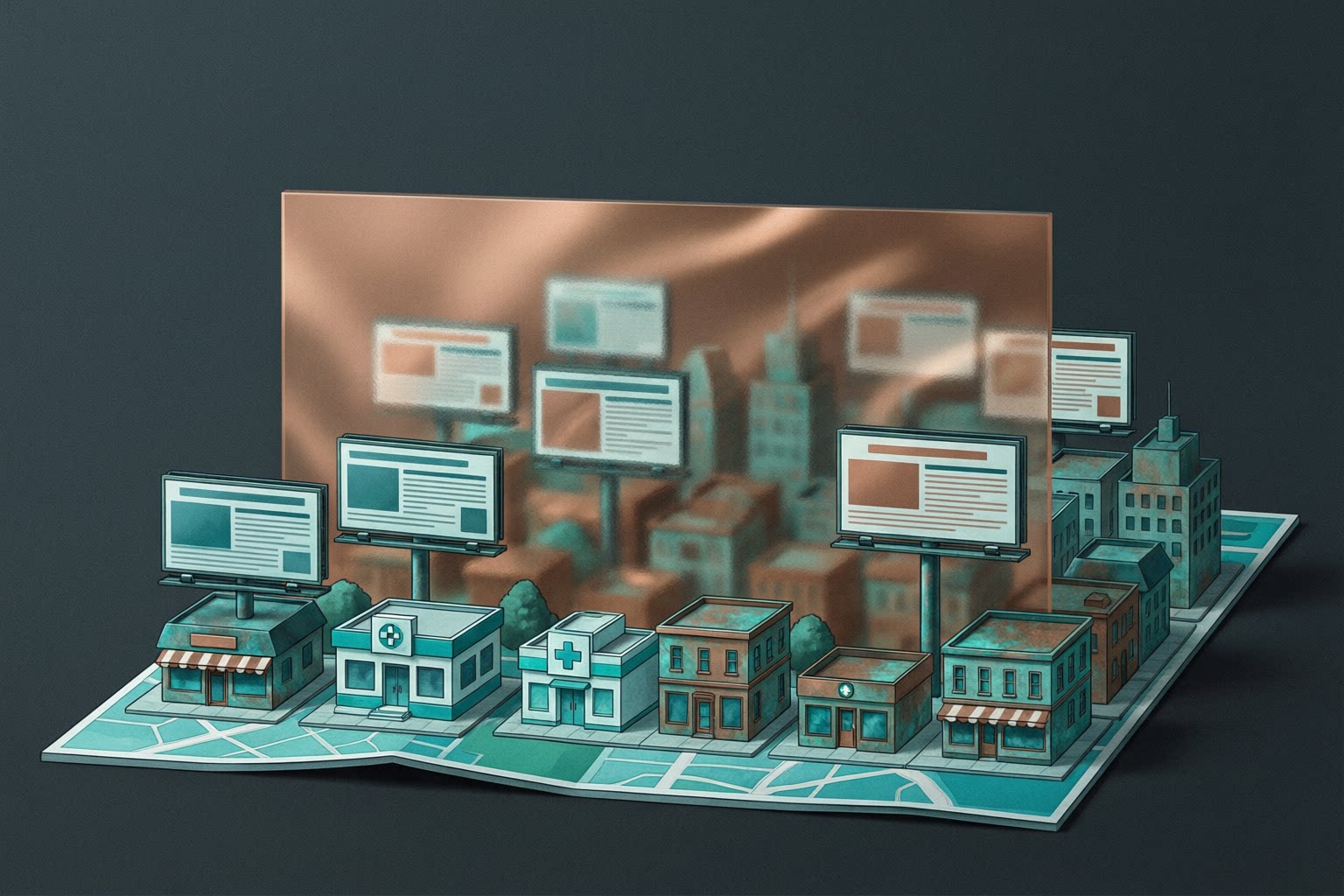 Editorial illustration of local businesses distorted through an AI lens, with listicle billboards replacing actual business listings
