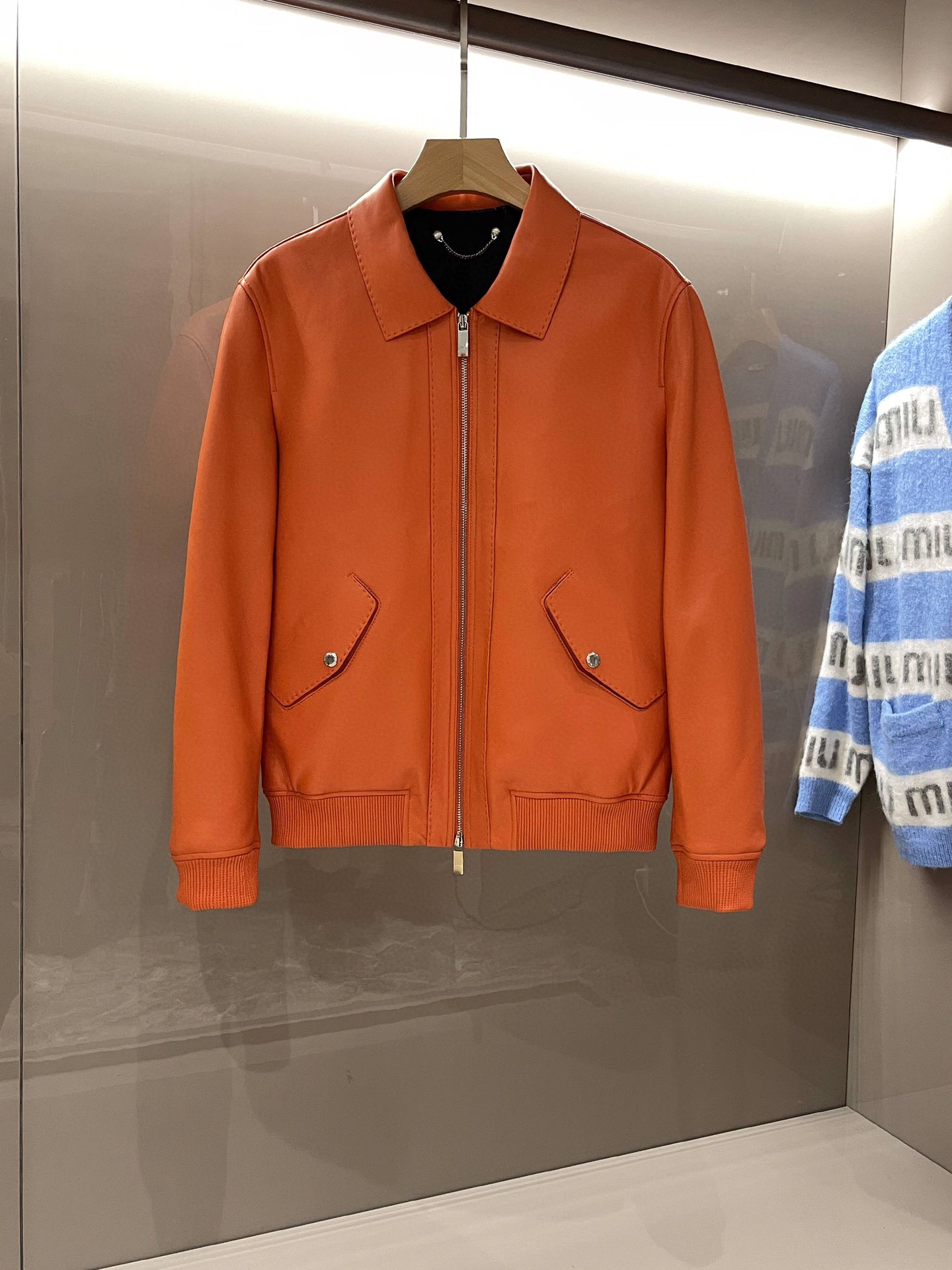 Men's orange lapel business fashion leather jacket/jacket