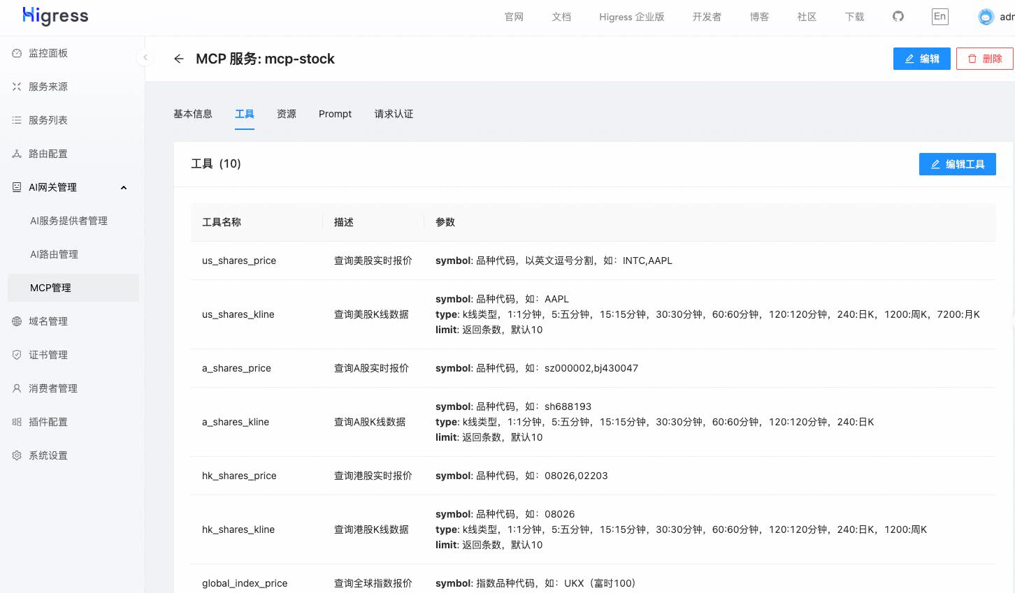 Higress MCP 工具管理界面