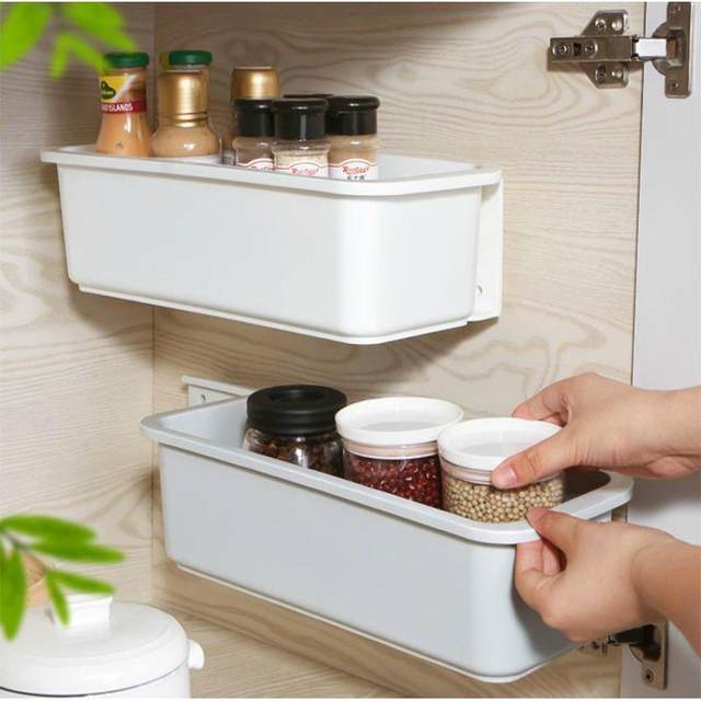 Kitchen pull-out storage box cabinets and bathroom markless nail-free wall-mounted storage box storage rack storage basket