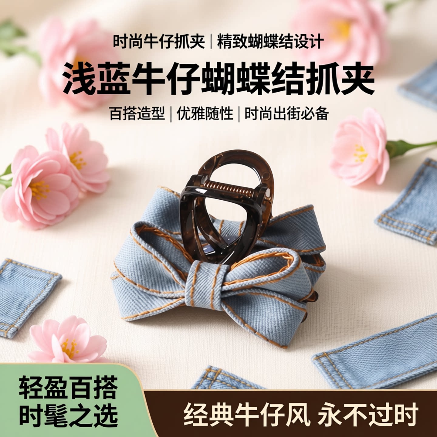 川野法式牛仔浅蓝色蝴蝶结抓夹新款简约时尚后脑勺盘发小抓夹发饰