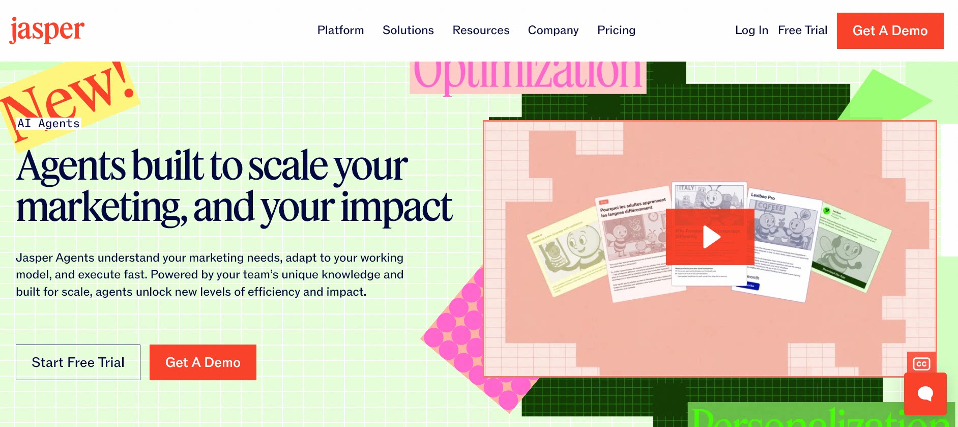 Jasper's landing page highlighting its AI Agents designed to scale marketing impact through intelligent automation.