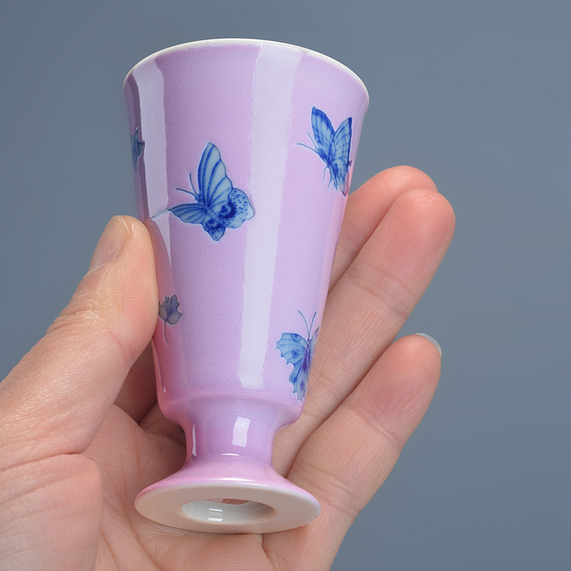 Lattice Powder Ground Green Flower Butterfly High Foot Smell Cup Pint Tea Cup Master's Cup Jingdezhen Kung Fu Tea Set Hand Painting