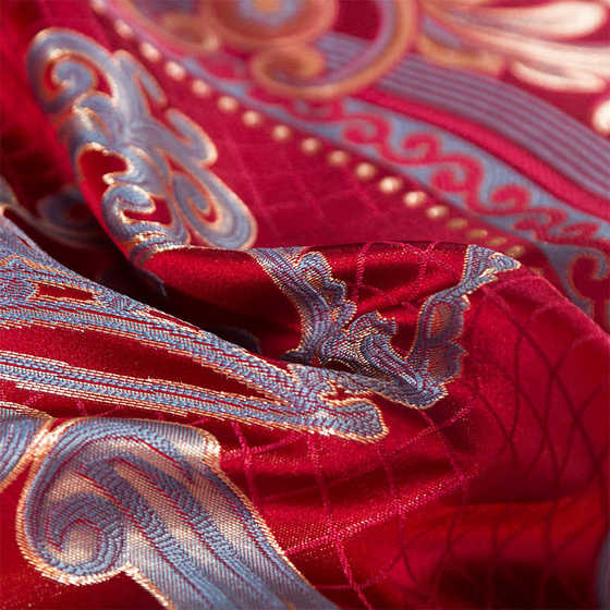 床上用品四件套高档欧式婚庆贡缎提花大红色喜庆被套结婚多件套