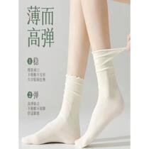 Socks for women in summer fungus-edged ice pile socks for girls cute mid-calf socks black and white solid color socks thin ice silk socks