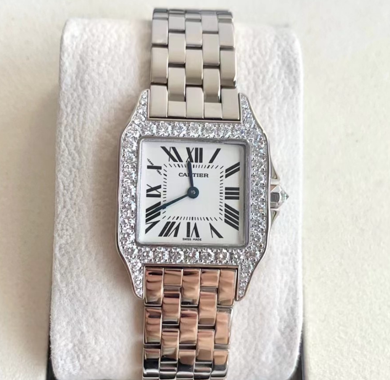 List Price 409,000, 98% New, 36.75mm Cartier Santos 18K White Gold Wf9004Y8 Quartz Women's Watch with Original Diamonds