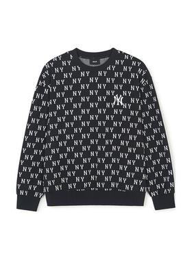 MLB SS24 纽约洋基队 满印老花套头圆领长袖卫衣 男女同款 黑色