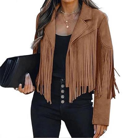 Women's Faux Suede Leather Jacket, Fashionable Autumn Western-Style Fringe Short Jacket 2025, Fringe Motorcycle Crop Top