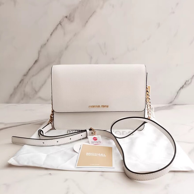 98% New and Unused Mk Michael Kors Women's White Cross-Grained Leather Shoulder Crossbody Chain Camera Bag