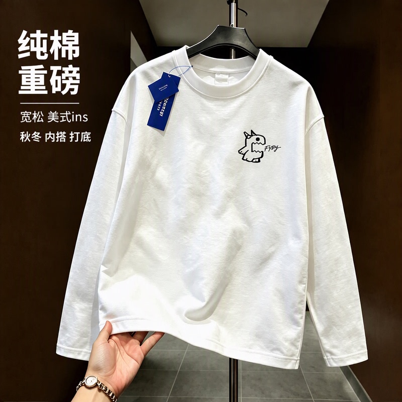 Pure Cotton Heavyweight Loose Long-Sleeve T-Shirt for Men, Autumn and Winter Couple's Inner Layer Base Shirt with Cartoon Print, Round Neck, American Style