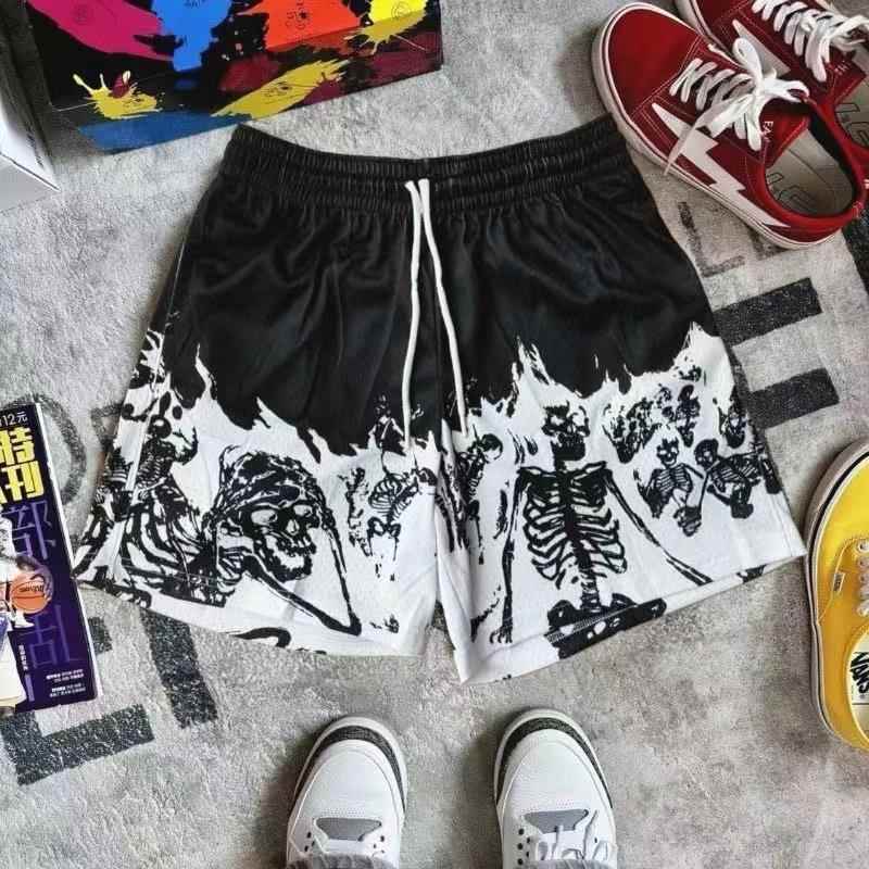 American-Style Trendy Brand Youth Skull Flame Basketball Shorts, Knee-Length Shorts, Breathable Quick-Dry Training Shorts