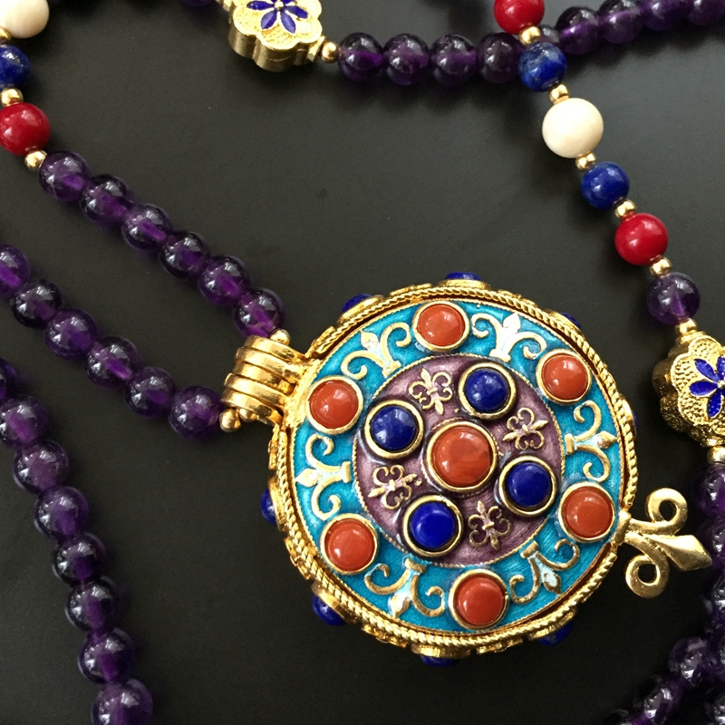 Pure silver gold-plated auspicious handmade filigree enamel inlaid bead chain Traditional intangible craft pendant DD12