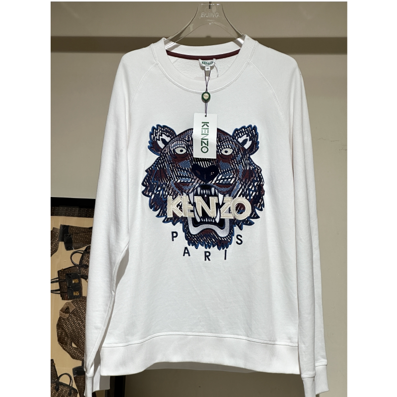 [99% New, Never Used] Kenzo Printed Logo Pullover Embroidered Tiger Head Sweatshirt Trendy Unisex White Long-Sleeve