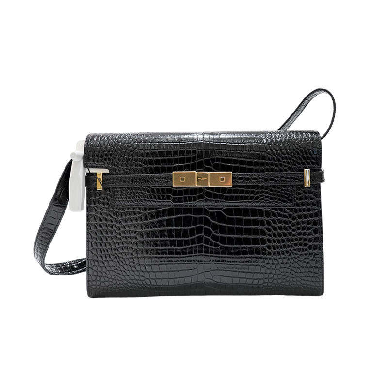 Brand New Ysl Saint Laurent Manhattan Crocodile Embossed Medium-Sized Black and Gold Shoulder Crossbody Bag