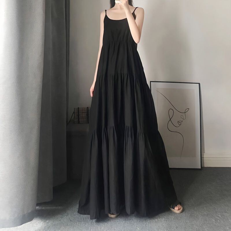 Plus Size Slip Dress 0kg Long Summer Dark Black Yamamoto Style Maternity Dress Extra Long Ankle-Length