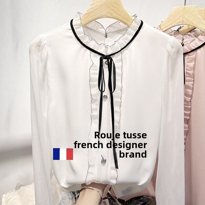 2025 New Style French Stand Collar Fungus-Patterned Lace-Up Chiffon Long-Sleeve Shirt Women's Summer White Shirt