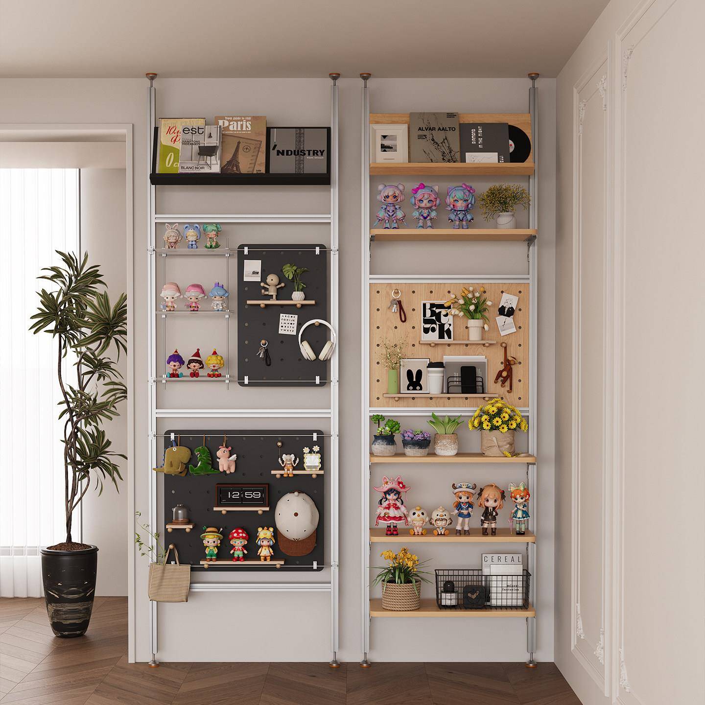 Top-of-the-ground storage rack solid wood entrance partition aluminum profile hole board optical axis storage rack wooden storage rack