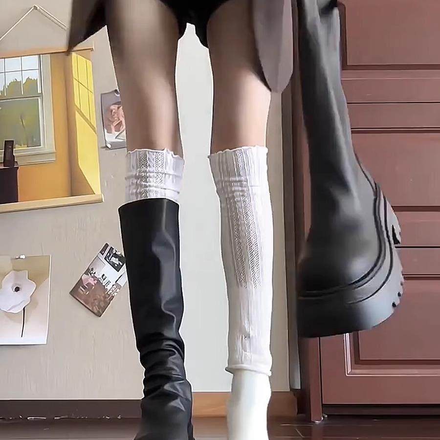 White Lace Trim Sock Covers for Women, Autumn and Winter Mid-Calf Bubble Socks, Leg Warmers, Long Socks to Match Long Boots, Calf Socks