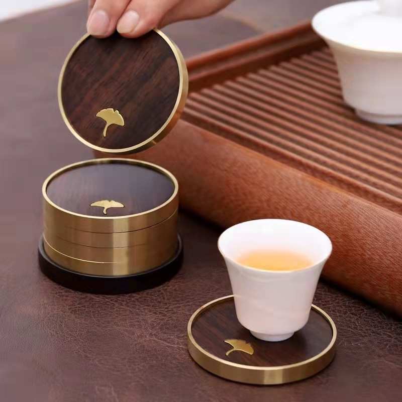 Pure brass tea ceremony coaster copper wood tea cup holder ebony rosewood mat heat-proof and non-slip creative light luxury tea set coaster