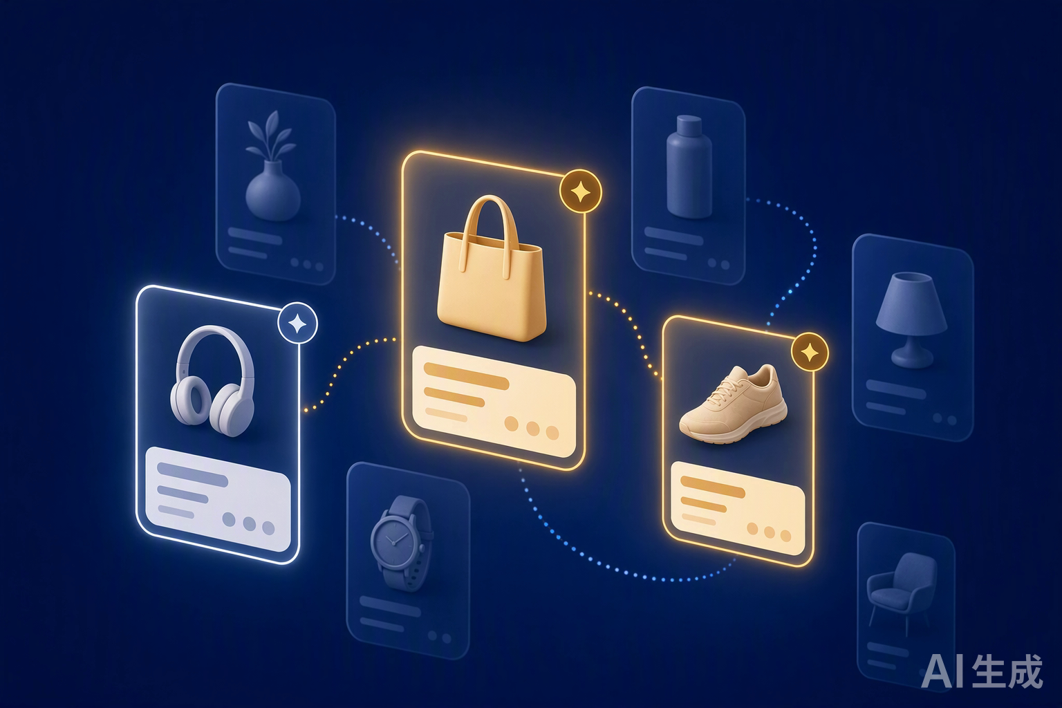 Floating product cards with one highlighted by AI